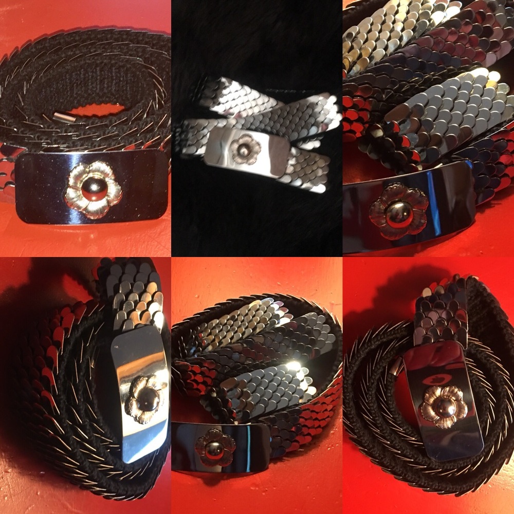 Vintage Fish scale stretch belt, metallic silver